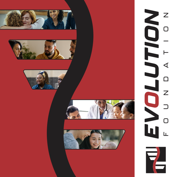 Photo of the front cover of the Evolution Foundation brochure. Cover features photos of families and communities.