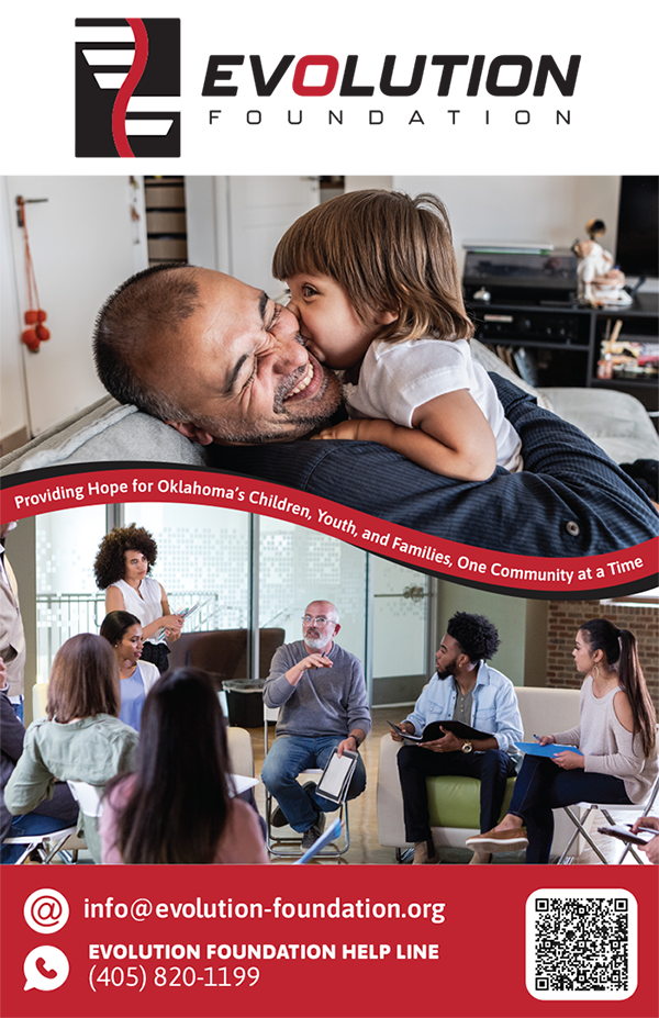 Photo of Evolution Foundation rack card featuring a photo of a smiling father and child and a photo of a community event with participants sitting and having a discussion.