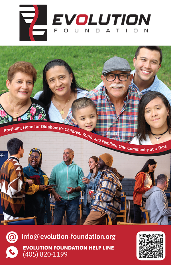 Photo of Evolution Foundation rack card featuring a photo of a latino family smiling and looking up at the camera and a photo of a community gathering.