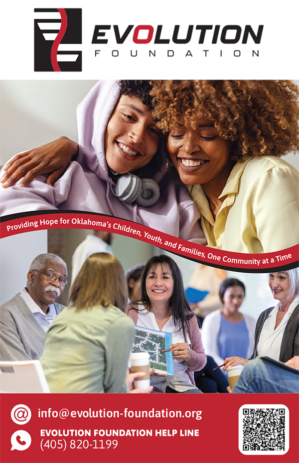 Photo of Evolution Foundation rack card featuring a photo of a smiling mother and teenager and a photo of a community event with participants sitting and having a discussion about a map.