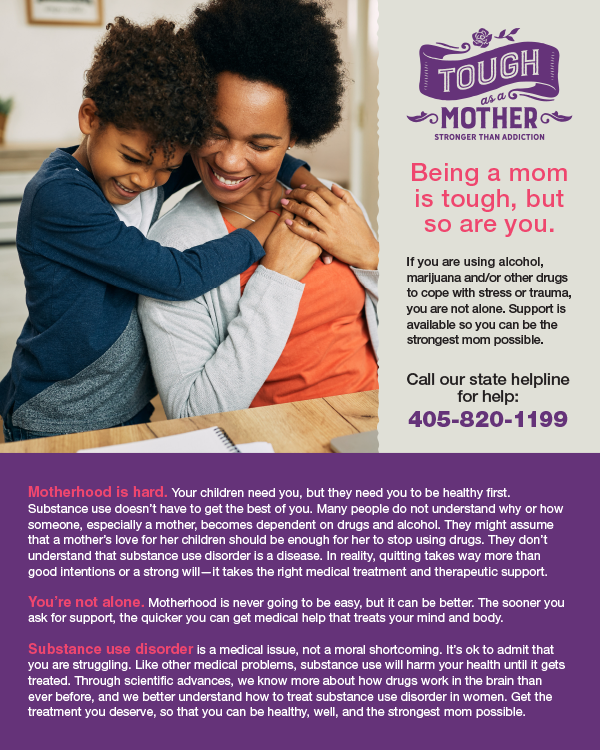 Tough as a Mother flyer featuring a young son and mother smiling and hugging each other. Includes the text, Being a mom is tough, but so are you.
