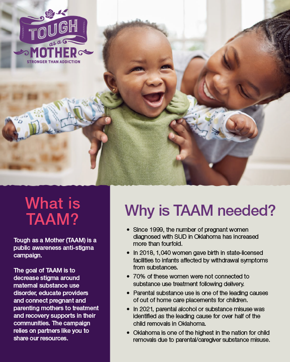 Tough as a Mother flyer featuring a young toddler with a large, open mouth smile being held up by their smiling mother. Includes the text, What is TAAM? and Why is TAAM needed?